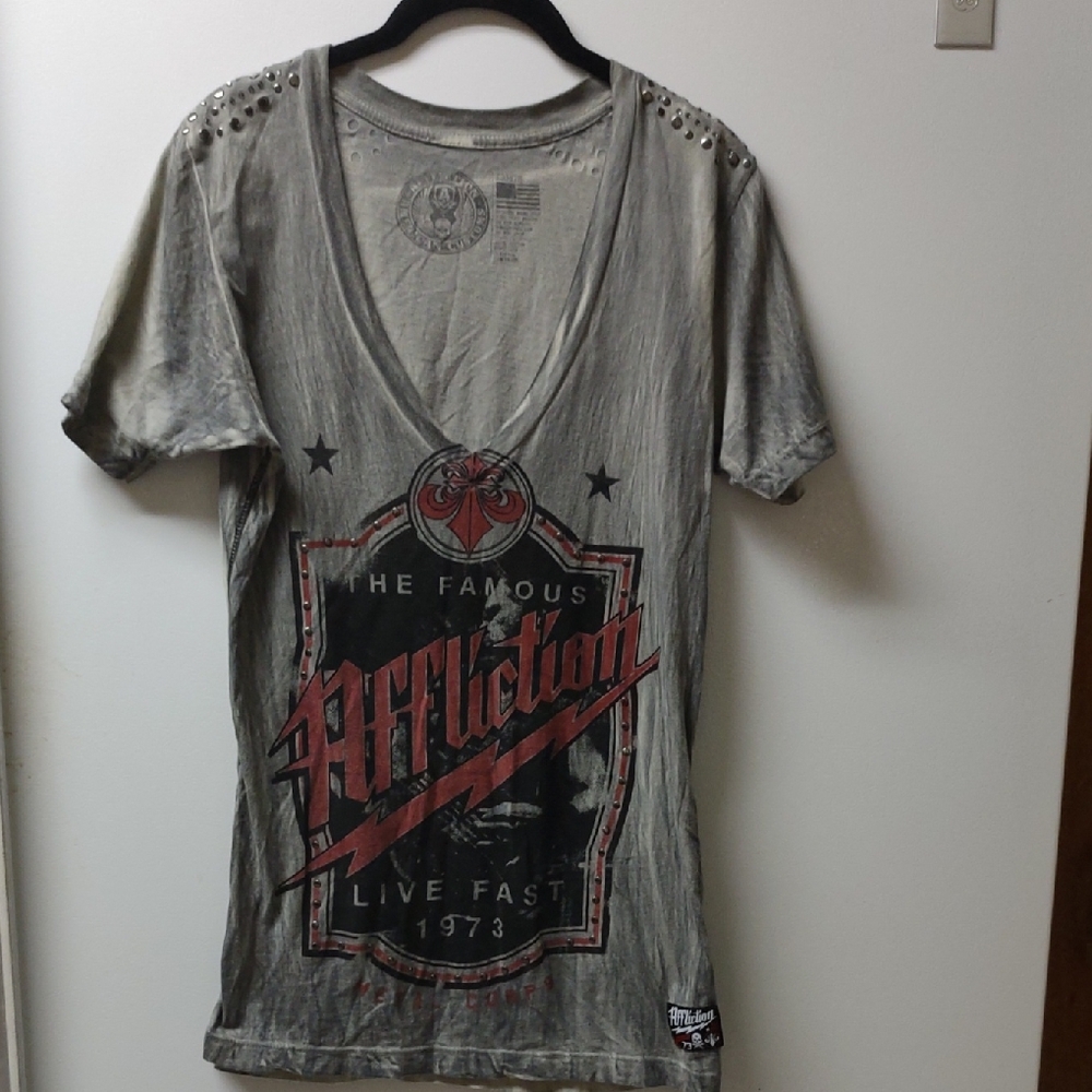 Affliction Charcoal and Red V-Neck Tee